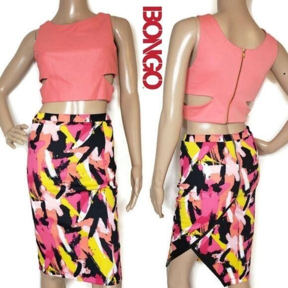 Bongo Cut-Out Coral Crop Top & Abstract Midi Skirt Set fun street wear fire cool - Picture 1 of 9
